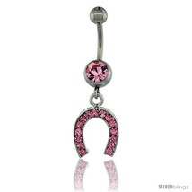 Surgical Steel Horse Shoe Belly Button Ring w/ Pink Crystals, 1 1/16 in ... - $12.25