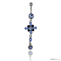 Surgical Steel Flower Belly Button Ring w/ Blue Crystals, 2 in (50 mm) t... - £9.79 GBP