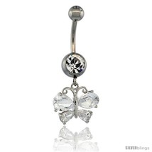 Surgical Steel Butterfly Belly Button Ring w/ Crystals, 7/8 in (22 mm) t... - £12.54 GBP