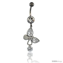 Surgical Steel Butterfly Belly Button Ring w/ Crystals, 1 1/2 in (37 mm)... - $15.69