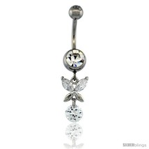 Surgical Steel Butterfly Belly Button Ring w/ Crystals, 1 in (25 mm) tall  - £12.47 GBP