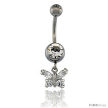 Surgical Steel Butterfly Belly Button Ring w/ Crystals, 3/4 in (17 mm) t... - $15.69