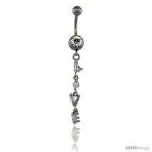 Surgical Steel Dangle LOVE Belly Button Ring w/ Crystals, 1 3/4 in (46 m... - £12.33 GBP