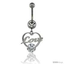 Surgical Steel Love / Heart Belly Button Ring w/ Crystals, 1 1/8 in (28 ... - £12.47 GBP