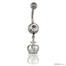 Surgical Steel King Crown Belly Button Ring w/ Crystals, 7/8 in (22 mm) ... - $15.69