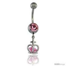 Surgical Steel King Crown Belly Button Ring w/ Pink Crystals, 7/8 in (22... - $15.69