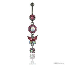 Surgical Steel Dangle Flower &amp; Butterfly Belly Button Ring w/ Pink Cryst... - £12.57 GBP
