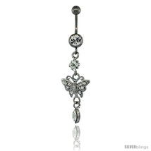 Surgical Steel Dangle Butterfly Belly Button Ring w/ Crystals, 2 5/16 in... - £12.30 GBP