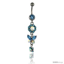 Surgical Steel Dangle Flower &amp; Butterfly Belly Button Ring w/ Blue Cryst... - £12.47 GBP