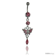 Surgical Steel Dangle Butterfly Belly Button Ring w/ Pink Crystals, 2 5/... - £12.57 GBP