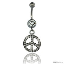 Surgical Steel Dangle Peace Sign Belly Button Ring w/ Crystals, 1 1/2 in... - £12.57 GBP