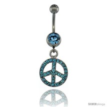 Surgical Steel Dangle Peace Sign Belly Button Ring w/ Blue Crystals, 1 1... - $15.69