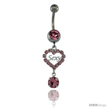 Surgical Steel Dangle SExY Heart Belly Button Ring w/ Pink Crystals, 1 5... - £12.33 GBP