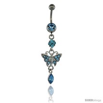 Surgical Steel Dangle Butterfly Belly Button Ring w/ Blue Crystals, 2 5/... - $15.69