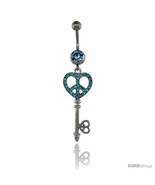 Surgical Steel Dangle KEY Peace Sign Belly Button Ring w/ Blue Crystals,... - £12.54 GBP