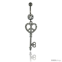 Surgical Steel Dangle KEY Peace Sign Belly Button Ring w/ Crystals, 2 5/... - $15.69