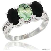 Size 7.5 - 10K White Gold Natural Green Amethyst &amp; Black Onyx Ring 3-Stone Oval  - £397.16 GBP