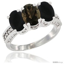 Size 9.5 - 10K White Gold Natural Smoky Topaz &amp; Black Onyx Ring 3-Stone Oval  - $531.76