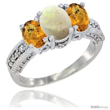 14k white gold ladies oval natural opal 3 stone ring whisky quartz sides diamond accent thumb200