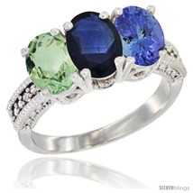 Size 7.5 - 14K White Gold Natural Green Amethyst, Blue Sapphire &amp; Tanzan... - £652.95 GBP