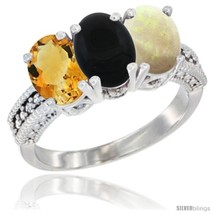 Size 8.5 - 10K White Gold Natural Citrine, Black Onyx &amp; Opal Ring 3-Stone Oval  - $539.82