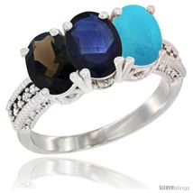 Size 8 - 14K White Gold Natural Smoky Topaz, Blue Sapphire &amp; Turquoise Ring  - $797.55