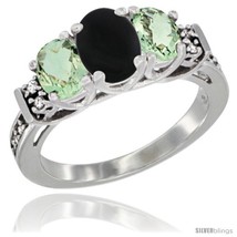 Size 8.5 - 14K White Gold Natural Black Onyx &amp; Green Amethyst Ring 3-Stone Oval  - £564.61 GBP