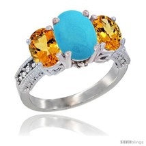 Size 8.5 - 10K White Gold Ladies Natural Turquoise Oval 3 Stone Ring with  - £520.86 GBP
