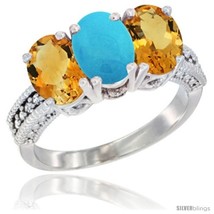 Size 5.5 - 10K White Gold Natural Turquoise &amp; Citrine Sides Ring 3-Stone Oval  - £462.22 GBP