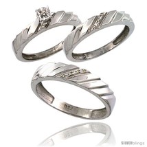 Size 5 - Sterling Silver 3-Pc. Trio His (5mm) &amp; Hers (4mm) Diamond Wedding Ring  - £133.01 GBP