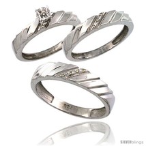 Size 7.5 - Sterling Silver 3-Pc. Trio His (5mm) &amp; Hers (4mm) Diamond Wedding  - £133.32 GBP