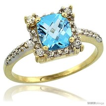 Size 7 - 10k Yellow Gold Diamond Halo Swiss Blue Topaz Ring 1.2 ct Checkerboard  - £325.60 GBP