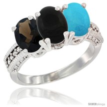 Size 9.5 - 14K White Gold Natural Smoky Topaz, Black Onyx &amp; Turquoise Ring  - $734.02