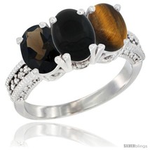 Size 5 - 14K White Gold Natural Smoky Topaz, Black Onyx &amp; Tiger Eye Ring  - £522.80 GBP