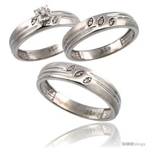 Size 9.5 - Sterling Silver 3-Pc. Trio His (5mm) &amp; Hers (4.5mm) Diamond Wedding  - £146.86 GBP