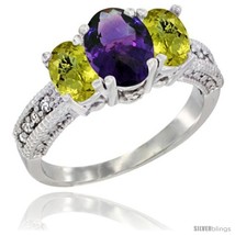 Size 10 - 14k White Gold Ladies Oval Natural Amethyst 3-Stone Ring with Lemon  - £524.96 GBP