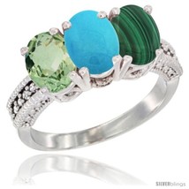 Size 6 - 14K White Gold Natural Green Amethyst, Turquoise &amp; Malachite Ring  - $734.02