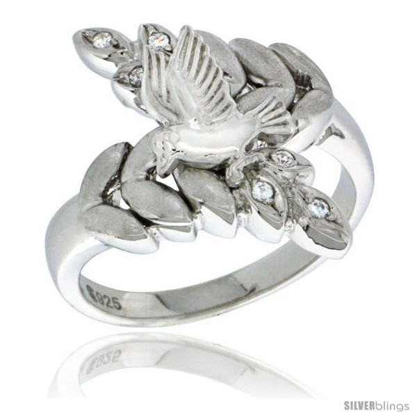 Size 8 - Sterling Silver Dove on Olive Branch Ring CZ stones Rhodium Finished,  - $78.62