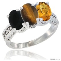 Size 10 - 10K White Gold Natural Black Onyx, Tiger Eye &amp; Whisky Quartz Ring  - £415.32 GBP