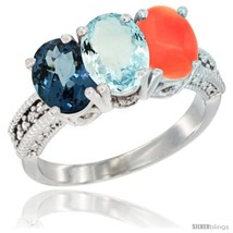 Size 5 - 10K White Gold Natural London Blue Topaz, Aquamarine &amp; Coral Ring  - £467.30 GBP