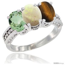 Size 5.5 - 14K White Gold Natural Green Amethyst, Opal &amp; Tiger Eye Ring 3-Stone  - £547.85 GBP