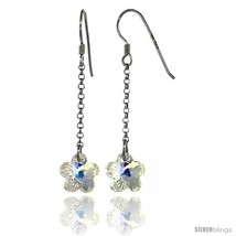 Sterling Silver Flower Clear Swarovski Crystals Drop Earrings, 2 1/16 in... - $25.14