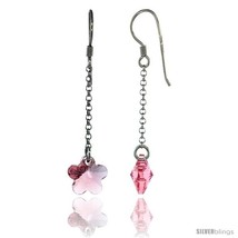 Sterling Silver Flower Pink Sapphire Swarovski Crystals Drop Earrings, 2 1/16  - £19.66 GBP