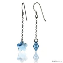 Sterling Silver Flower Blue Topaz Swarovski Crystals Drop Earrings, 2 1/... - £19.76 GBP