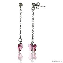 Sterling Silver Butterfly Pink Sapphire Swarovski Crystal Drop Earrings, 1  - £20.87 GBP