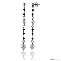 Sterling Silver Black Swarovski Crystals &amp; Pearls Drop Earrings, 2 7/8 i... - £50.17 GBP