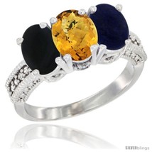 Size 10 - 10K White Gold Natural Black Onyx, Whisky Quartz &amp; Lapis Ring 3-Stone  - £423.49 GBP