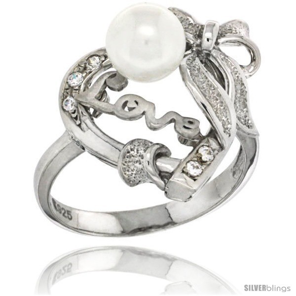 Size 5 - Sterling Silver Heart LOVE Bow w/ Faux Pearl Ring CZ stones Rhodium  - $55.02