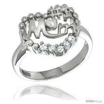Size 6 - Sterling Silver No. 1 MOM Heart Ring CZ stones Rhodium Finished, 5/8  - £40.02 GBP
