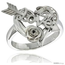 Size 5 - Sterling Silver LOVE MOM w/ Cupid&#39;s Bow &amp; Rose Heart Ring CZ stones  - £50.75 GBP